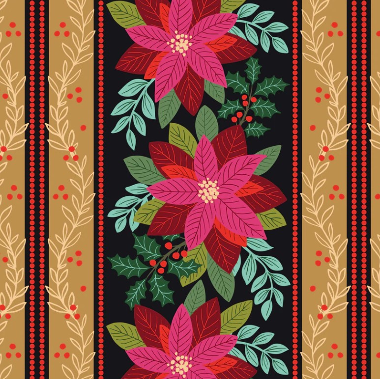 All is Bright Table Runner Panel Black/Gold SH24 Fabrics Lewis & Irene