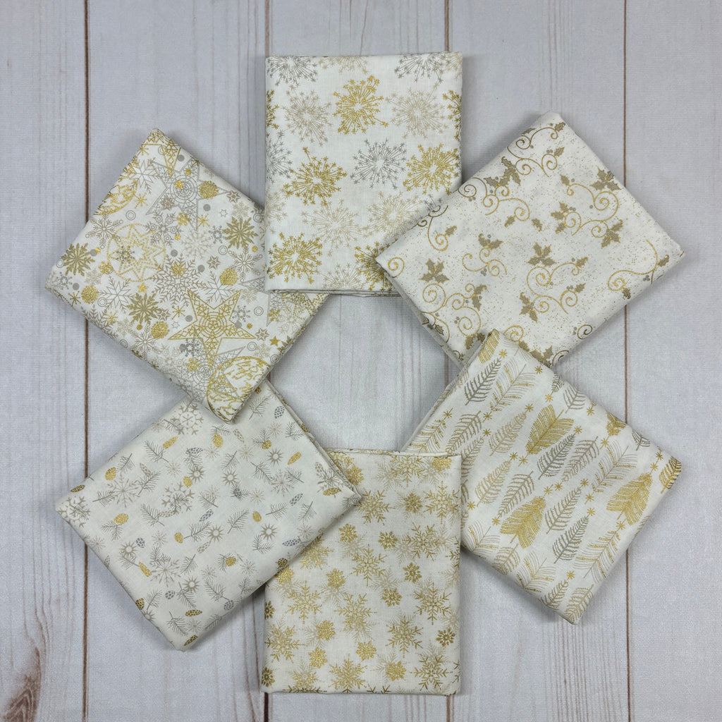 We Love Christmas Metallic White & Gold Stash Builder Bundle Fabrics Stof   