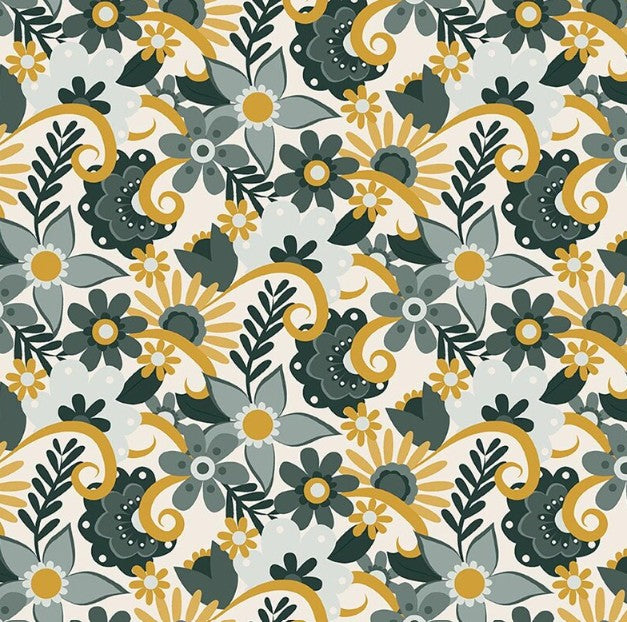 Little Goldi Floral Gold and Teal T-25-90 Fabrics Clothworks