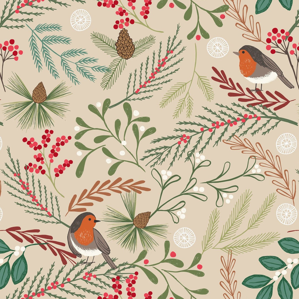 New Forest Winter Robin Dark Cream Flannel F58.1 Fabrics Lewis & Irene   